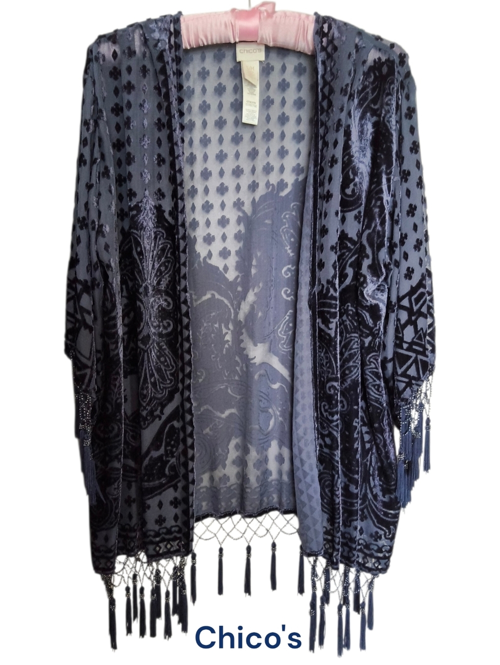 Chico's Deep Blue Burnout Velvet Kimono Cover-up